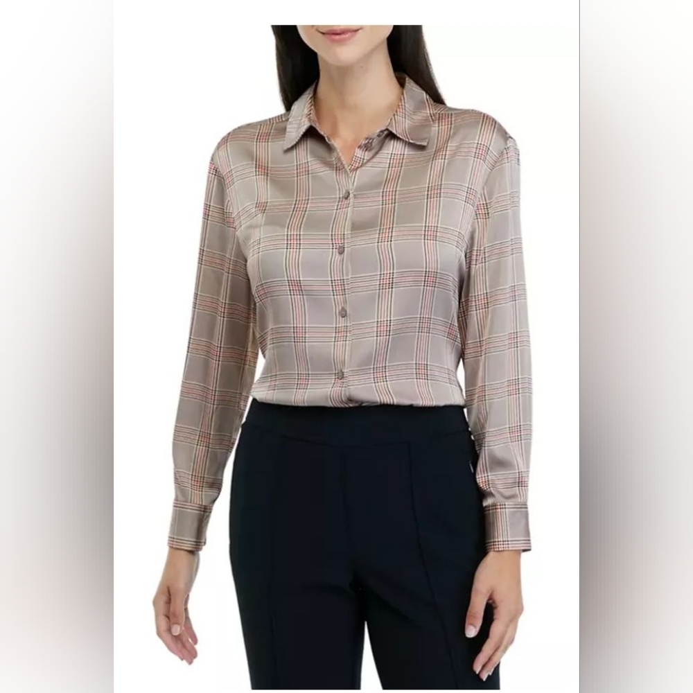 ⭐️The Limited Plaid Satin Button Down Blouse Sz M